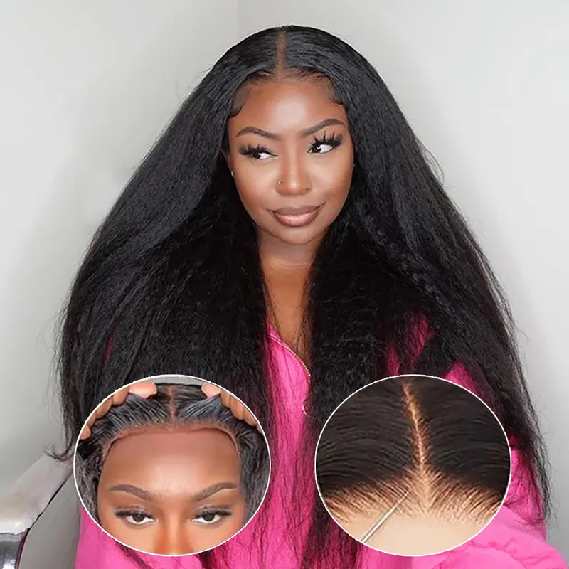 Simidola Women's 13x6 Glueless Kinky Straight Human Hair Wig - 7x5 Brazilian HD Lace Closure, 180% Density, Pre-Plucked, Ready-To-Wear, Wigs Human Hair with Kinky Straight Flow, Glueless Wigs
