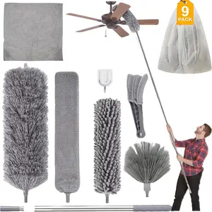 9-piece microfiber duster set, suitable for high ceilings, telescopic duster with 100-inch extension rod, washable and telescopic long-handled feather duster, for cleaning homes, cars, furniture, cobwebs, blinds, and other household cleaning tools.