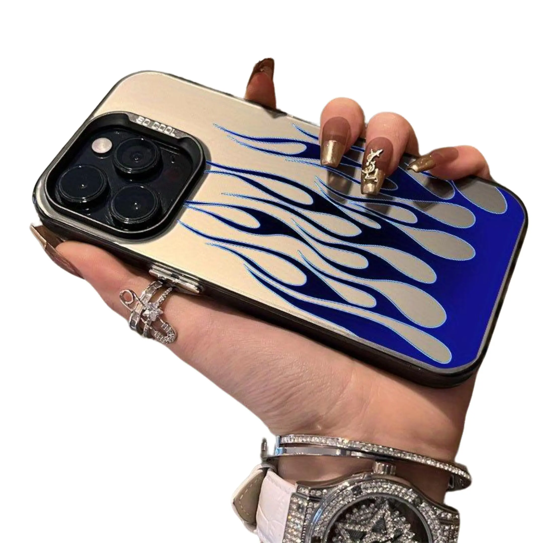 Blue Flame Silver Soft TPU Phone Case Shockproof Anti Drop Protective Cover For 13 14 15 16 17 Pro Max Series