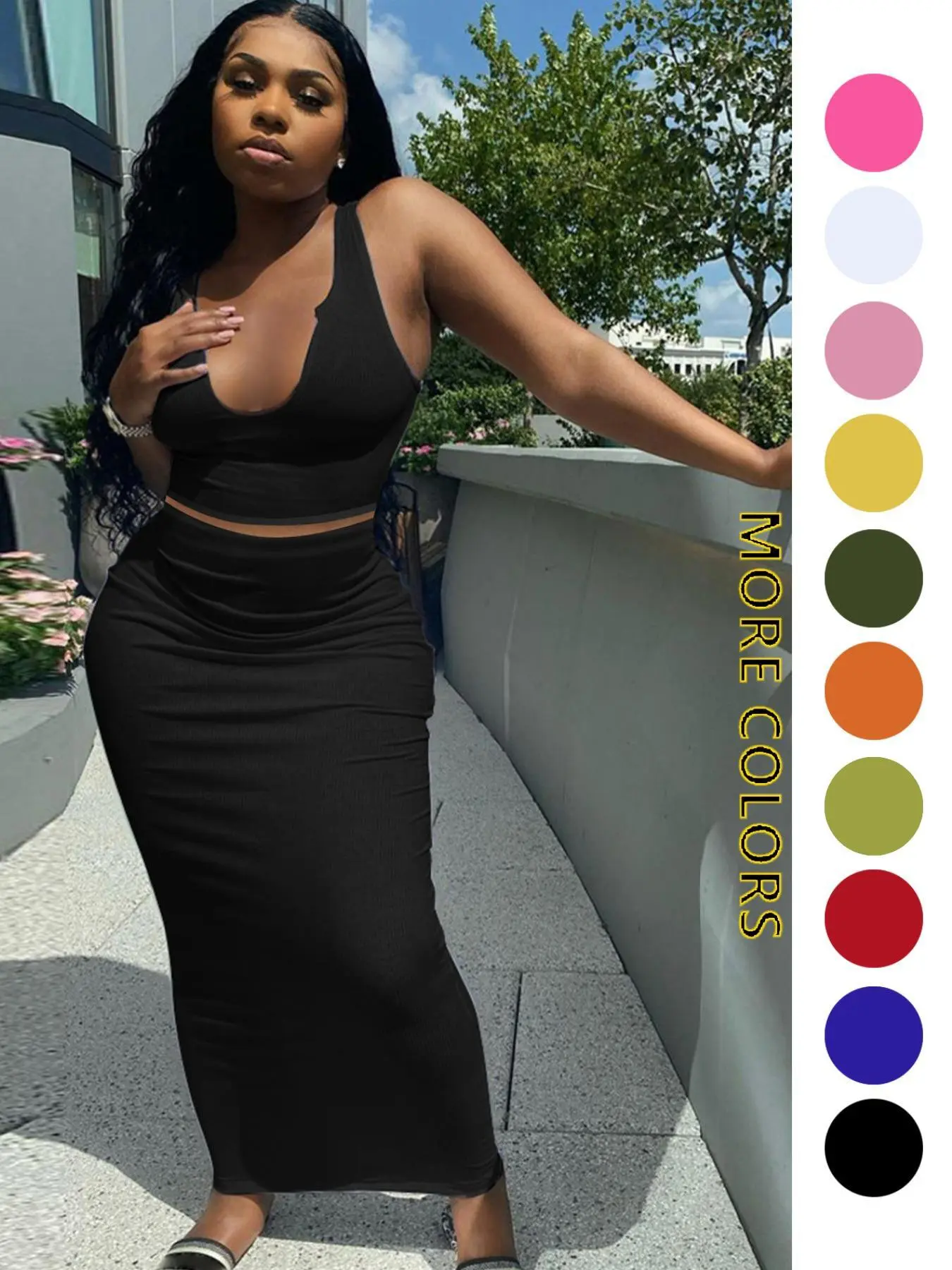 Women's Solid Deep U-neck Crop Tank Top & Elastic Waist Dresses, Summer Clothes, Mufti Clothes, Workout Set, Sweatsuits for Women, Back To School Outfits, Apple Shape Outfits, Fall Outfits Clothes Set, Please Purchase A Size Up,deep V Casual Womenswear Su