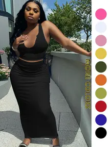 Women's Solid Deep U-neck Crop Tank Top & Elastic Waist Dresses, Summer Clothes, Mufti Clothes, Workout Set, Sweatsuits for Women, Back To School Outfits, Apple Shape Outfits, Fall Outfits Clothes Set, Please Purchase A Size Up,deep V Casual Womenswear