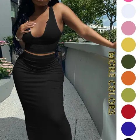 Women's 2-Piece Tank Top & Elastic Waist Dress Set - Solid Deep U-Neck, Chic Fabric, Curvy Figures, Going Out Outfit, Summer/Fall Wear, Size Up Recommendation, Matching Sets for Women