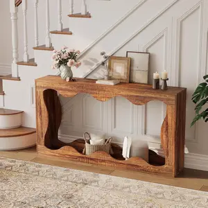 63'' Long Console Table for Entryway - Narrow Wood Couch Table Behind Sofa with Scalloped Edge, Modern Farmhouse Design, for Hallway, Foyer, Living Room, Easy Assembly, Brown 2-tier entryway table wooden rectangular sofa table