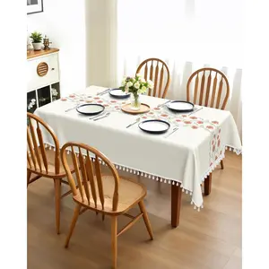Boho Tablecloth Rectangle 60''x 102'', Table Cloth with Tassels, Floral Farmhouse Table Cover with Red Flower for Dining,,,