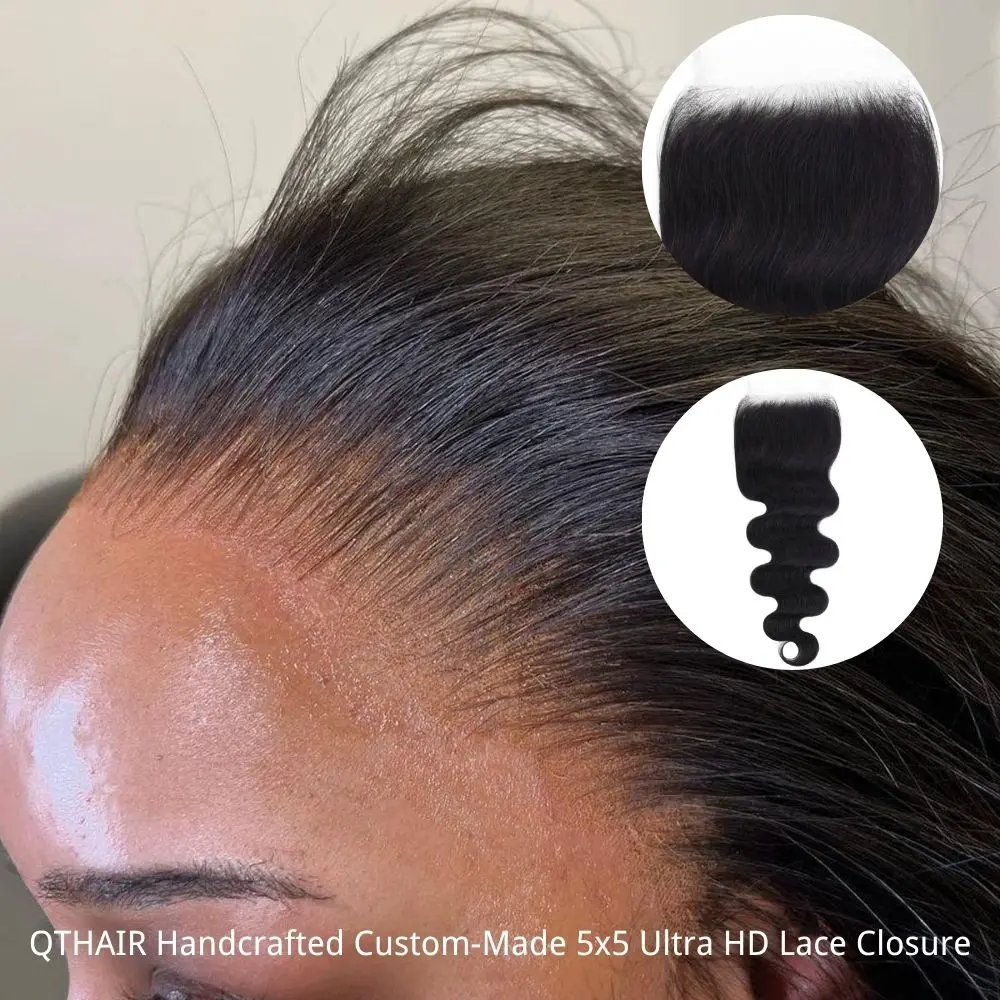 QTHAIR 5x5 Skinlike Real HD Lace Closure, Body Wave Virgin Human Hair, Pre-Plucked, Bleached Knots, Ultra-Thin Invisible Crystal Lace, Natural Black 20inch Hair Replacement Realistic Hairpieces