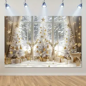 2D Flat, 1pc Winter Snow Christmas Window Wall Mural - Elegant White & Golden Snow-Covered Trees with Deer, Twinkling & Falling Snowflakes - Self-Adhesive Fabric Holiday Decoration for Home, Easy to Hang, All Decorative Stickers