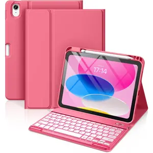 P-KBB04    for iPad 11th 10th Generation Case with Keyboard - 7 Colors Backlit Wireless Detachable Folio Keyboard Cover with Pencil Holder for iPad 11-inch A16 2025 10th Gen 10.9 Inch 2022 (Pink)