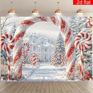 1pc 2D Flat banner, Christmas Themed Photography Backdrop, Snow Candy Cane Arch Pattern Party Banner, Polyester, Bright and Durable, Suitable for Winter New Year Holiday Wall Decoration, Living Ro Ornaments White