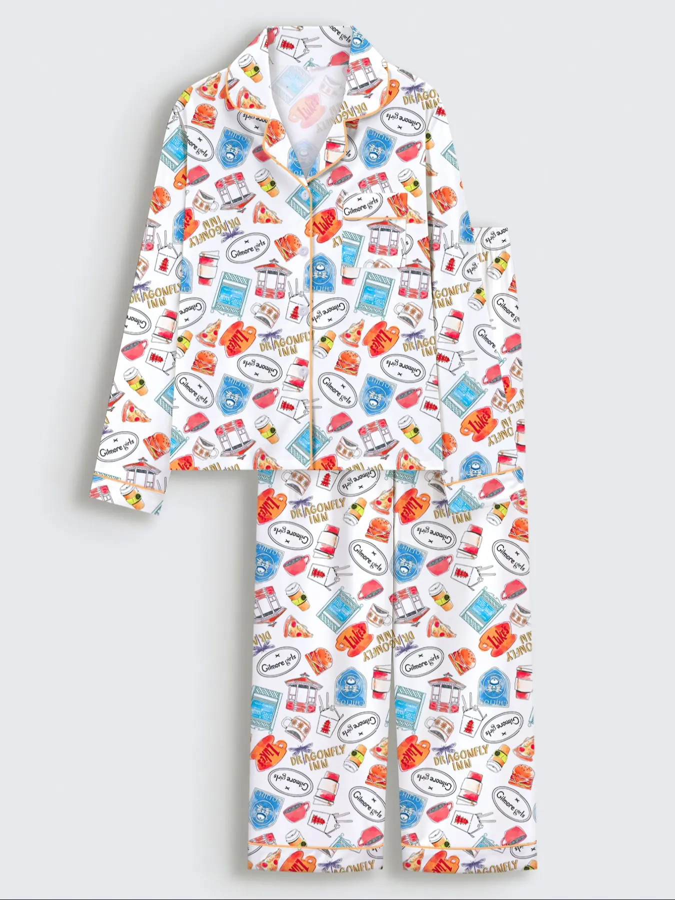 Women's Fall Winter Long Sleeve Pajama Set Loungewear, Gilmores Girls Print, Elegant Casual, Comfortable Lapel Top & Wide Leg Pants