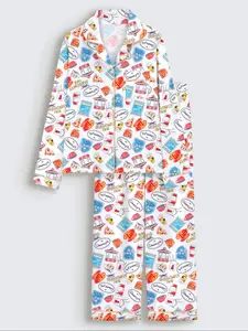 Women's Fall Winter Long Sleeve Sleepwear Set, Gilmores Girls Print, Elegant Casual, Comfortable Lapel Top & Wide Leg Pants