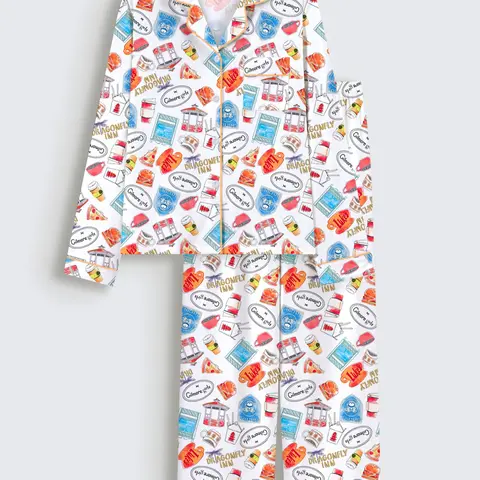 Women's Fall & Winter Long Sleeve Pajama Set, Gilmore Girls Print Loungewear, Elegant Casual Comfortable Lapel Top and Wide Leg Pants