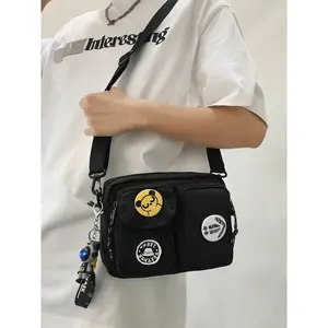 Fashionable Unisex Couple Style Minimalist Crossbody Bag, Casual Crossbody Bag, Stylish Crossbody Bags, Multiple Pocket Smooth Zipper Design Small Square Bag, Complimentary Random Badges and Pendants