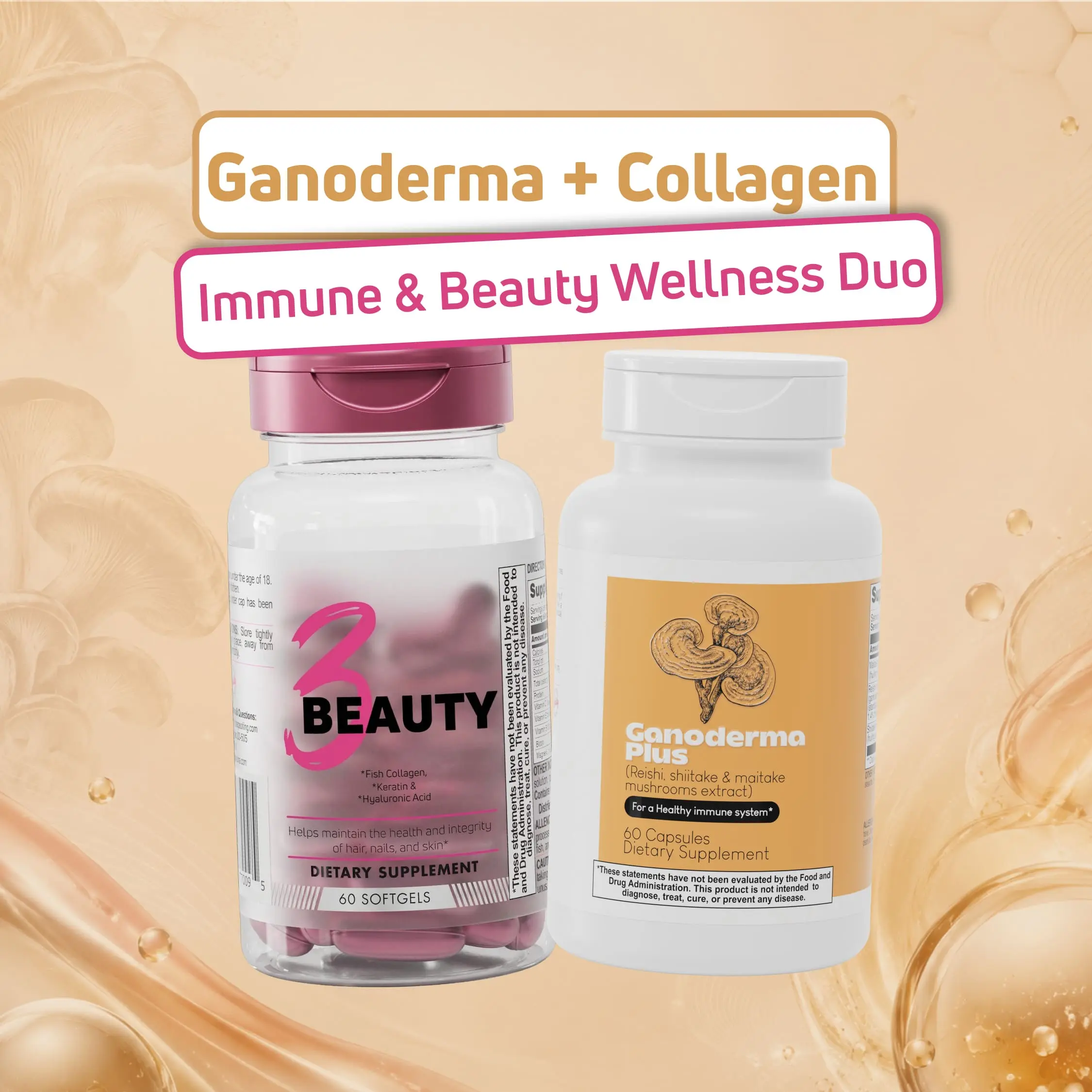 BenFit Beauty Mushroom Bundle: 3 Beauty Hair, Skin & Nails Softgels and Ganoderma Plus Mushroom Extract Capsules