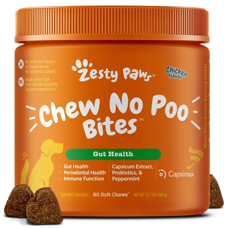 Zesty Paws Chew No Poo Bites™ for Dogs - Chicken Flavor All Natural Digestive Support Supplements with Capsimax & Probiotics