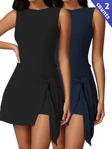 Women's Sporty Sleeveless Woven Bodysuit, Slim-Fit Above Knee Gym Wear, Casual Round Neck Two-Piece Set for All Seasons, Fitness Activewear