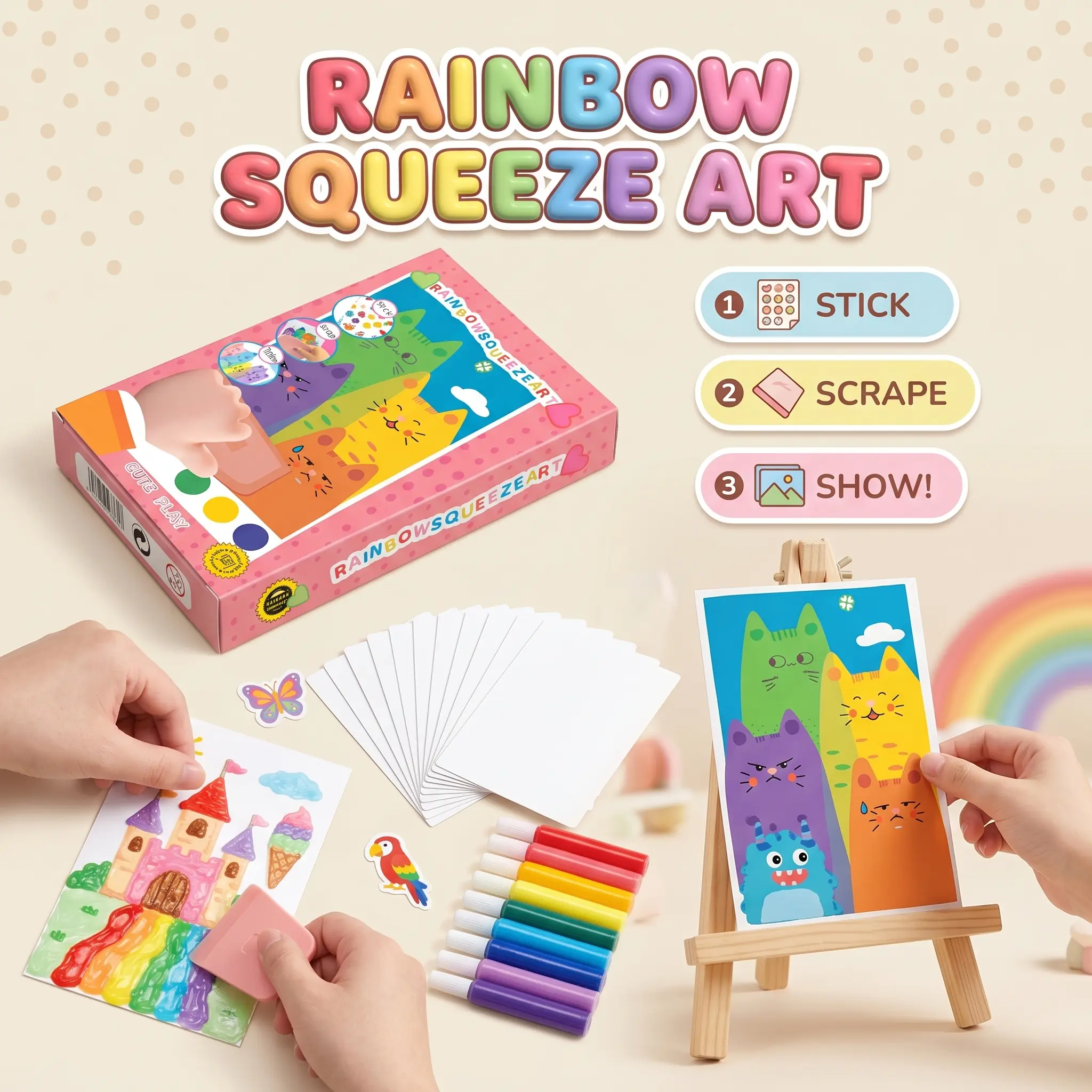 BLUE POTATO Rainbow Squeeze Art Kit - 2026 Upgraded Magic Scratch Paper Set with 1 Squeegee Board, 1 Sticker Sheet, Creative DIY Painting Postcards, Unisex Birthday Gifts for Friends