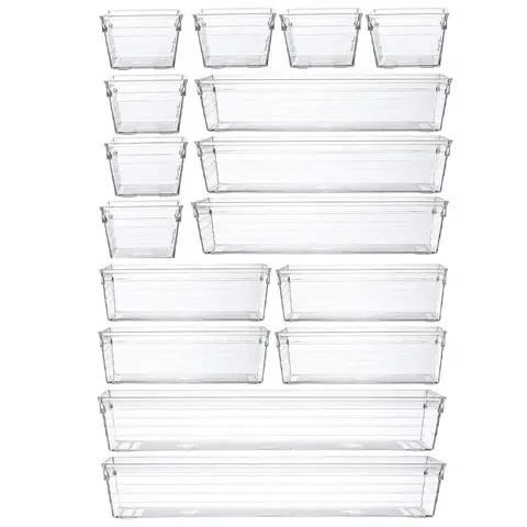 16 Pcs Drawer Organizer Storage Trays For Kitchen, For Makeup, Bedroom, Office, Drawer Organizer, Gadgets Boxes Cabinet Transparent Smooth Vanity