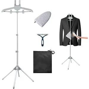 Foldable clothes steamer hanger stand with ironing gloves, adjustable garment steamer rack, includes lint remover, storage bag, and 2 clips—portable for suits, shirts, coats, travel, and home use