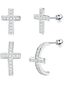 925 Sterling Silver Cross Stud Earrings for Women Men Small Half Hoop Earrings Cubic Zirconia Cross Earring Set