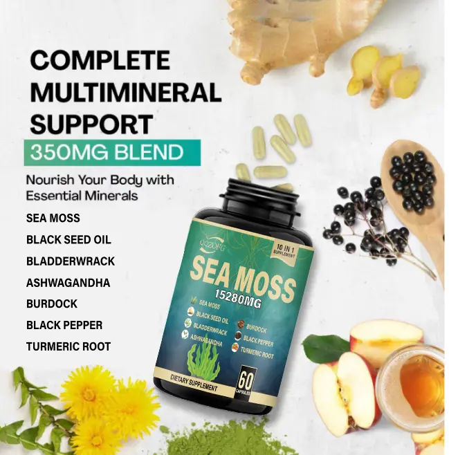 Advanced Sea Moss Formula 15280mg with Ashwagandha, Black Seed Oil, Bladderwrack, Ginger (60 Capsules)