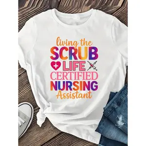 Women's Floral Print CNA Tee - "Living The Scrubs Life" Certified Nursing Assistant Graphic Short Sleeve (shortsleeve) Lady T-Shirt, Round Neck, Polyester, Medium Elasticity, Machine Washable, Spring/Summer Comfort Fit, Nurse Uniform Top