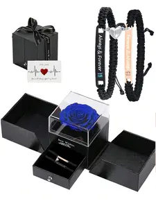 Couple Heart Charm Bracelet Set, Bracelet For Couples, Heartbeat Line Design Bracelet with Rose Gift Box, Fashion Accessories for Both Men & Women, Gift for Him, Gift for Her, Couple Gift