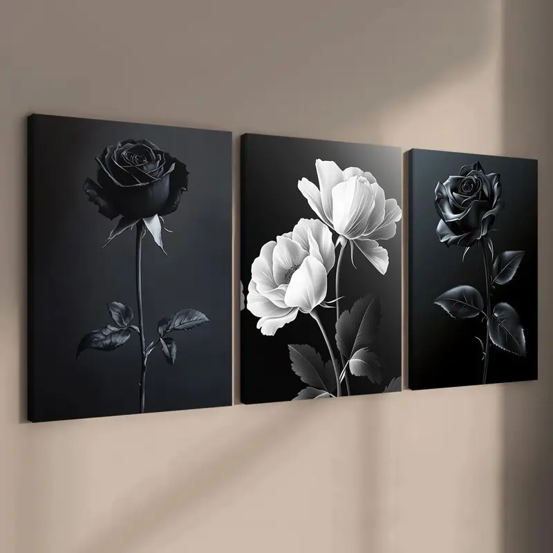 Rose Pattern Wooden Framed Canvas Painting, Modern Floral Paintings, 3 Counts/set Modern Poster, Wall Art Decor for Home Living Room Bedroom Office, Ornaments, Wall Decoration, Home Decor Products