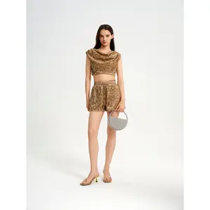 BlisSecret Gold Cowl Neck Cropped Top With Pleated Padded Shoulder & Shorts
