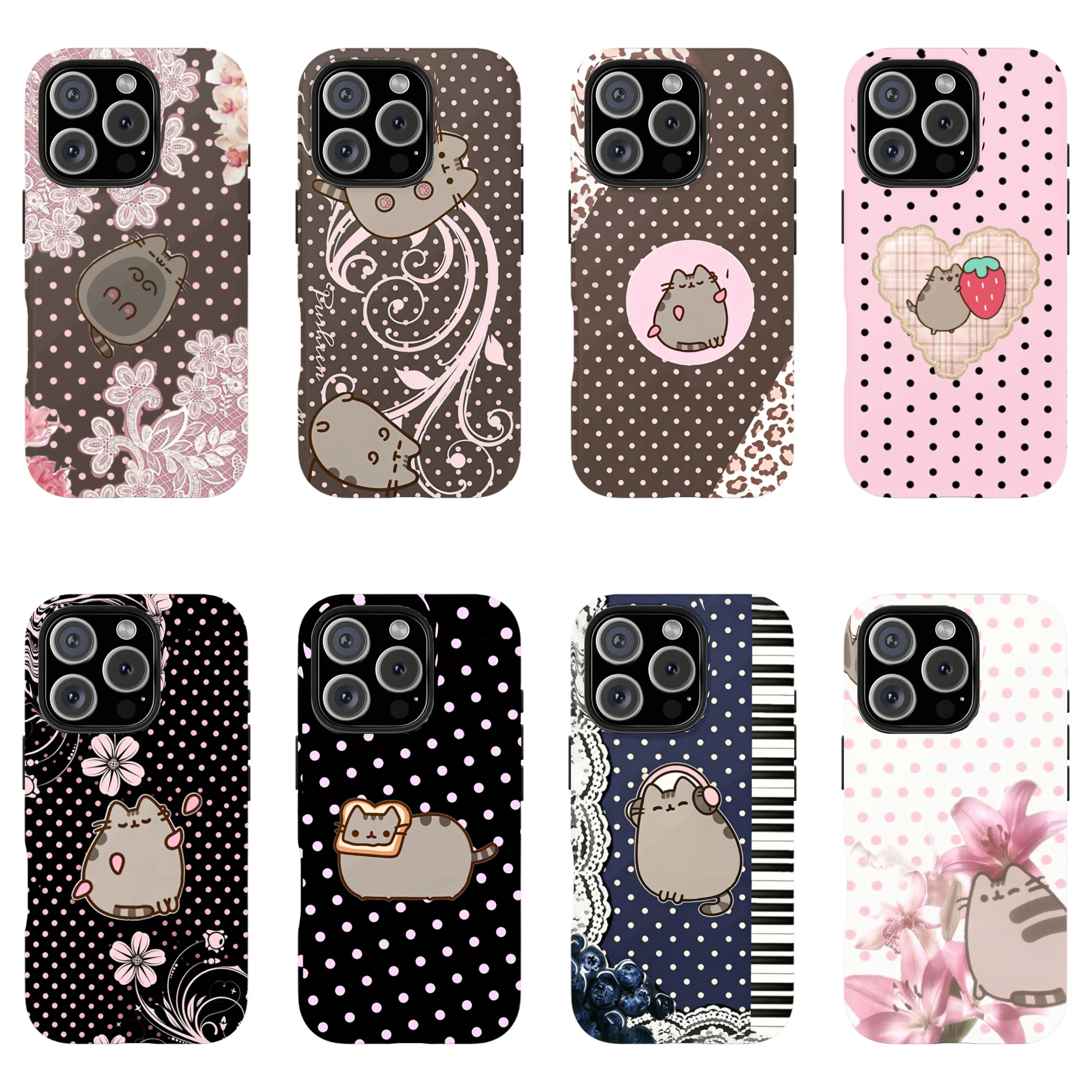 Pusheen The Cat Phone Case, Polka Dot Shockproof Case Cover Compatible With iPhone 16 15 14 13 12 11 Pro Max Galaxy S25 S24 S23 S22 Ultra, Gift For Christmas