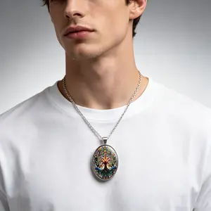 Unisex Vintage Tree of Life Stained Glass Oval Pendant Necklace - Zinc Alloy Back, Glass Surface Amulet Jewelry, Party Gift for Women, Daily Wear Birthday Present