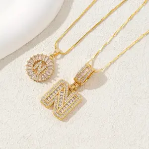 Initial Pendant Necklace for Men Womens, Plated Square Letter Capital Necklace Alphabets from A-Z Figaro Chain Necklace