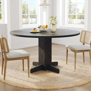 Farmhouse Circle Dinner Tables 47" Wood Kitchen Table Round Dining Table for 4-6 People w/ Sturdy Pedestal Base