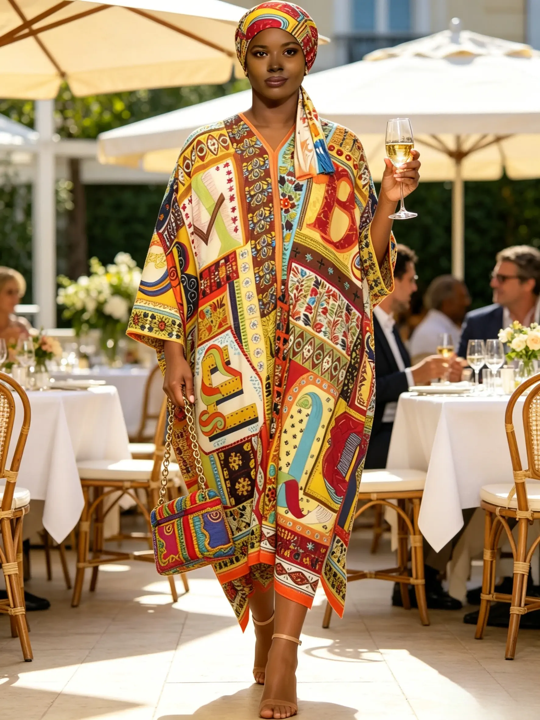 1 dress+1 headscarf plus large yellow background letter ethnic style print Kaftan dress with matching headscarf two-piece set women's loose Muslim robe Summer vacation beach cover long nightgown Boho Casual Kaftan