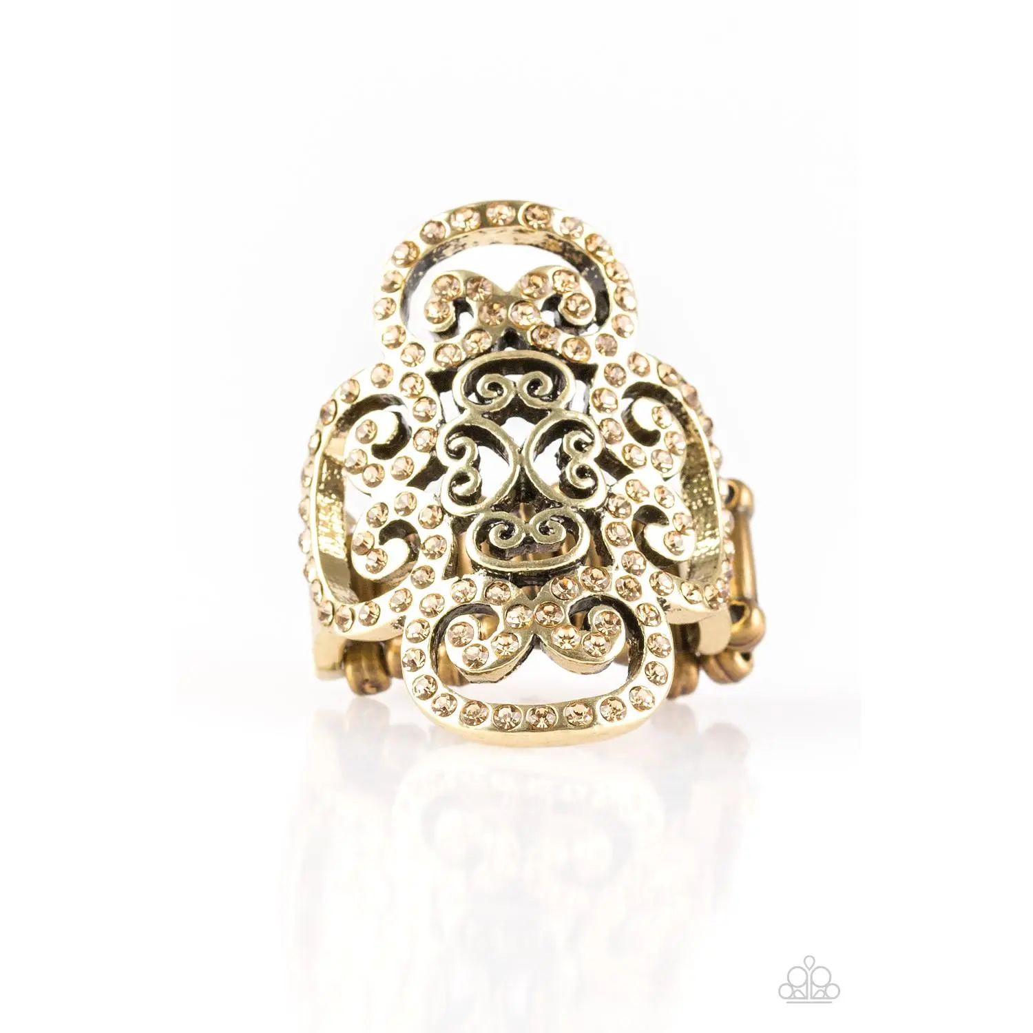Regal Regalia - Brass Filigree Topaz Rhinestone Ring - Paparazzi