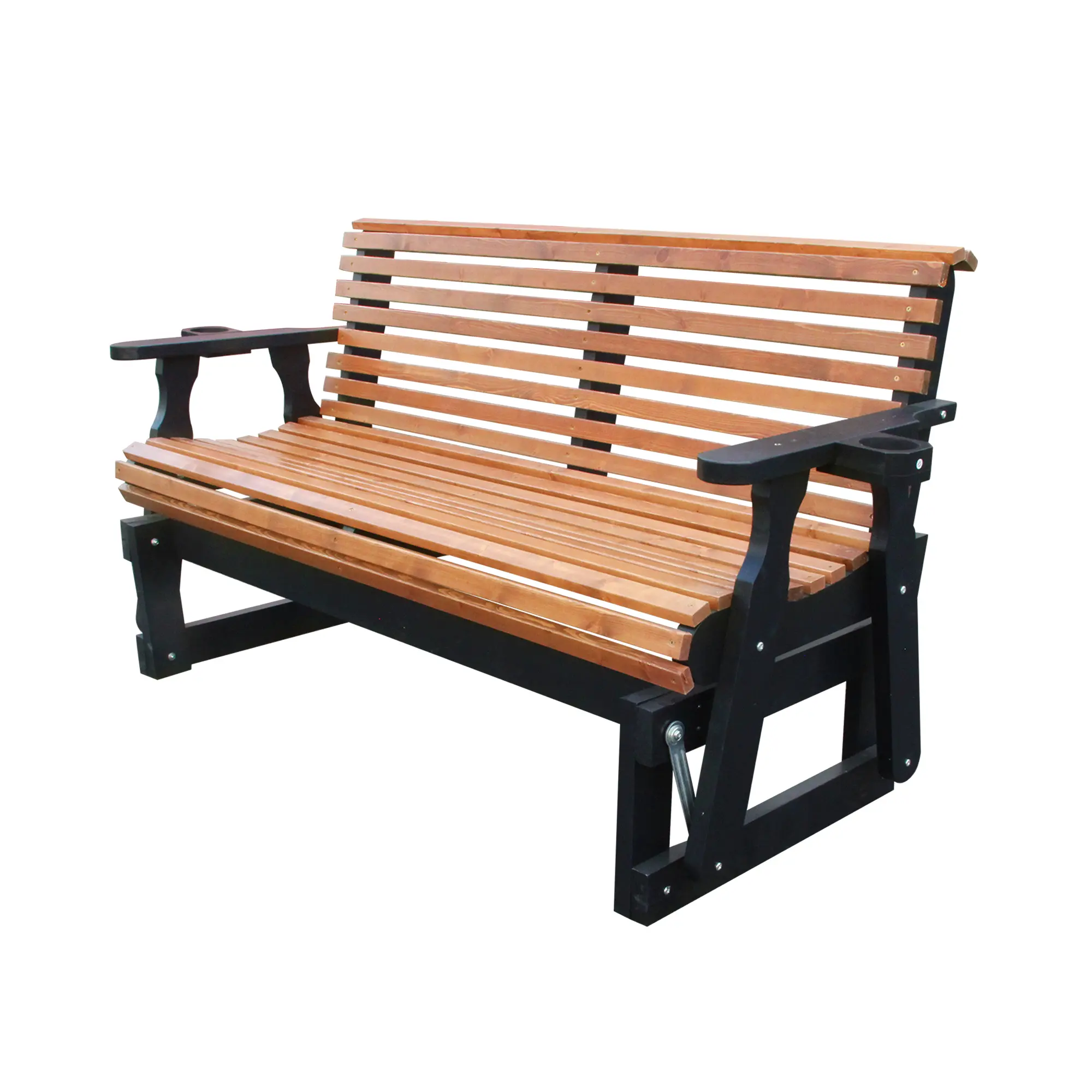 Beneouya 2-Person Ergonomic Wooden Outdoor Glider Bench, Heavy Duty 800 lb Capacity Patio Furniture with Cup Holders for Backyard, Outdoor Patio Furniture