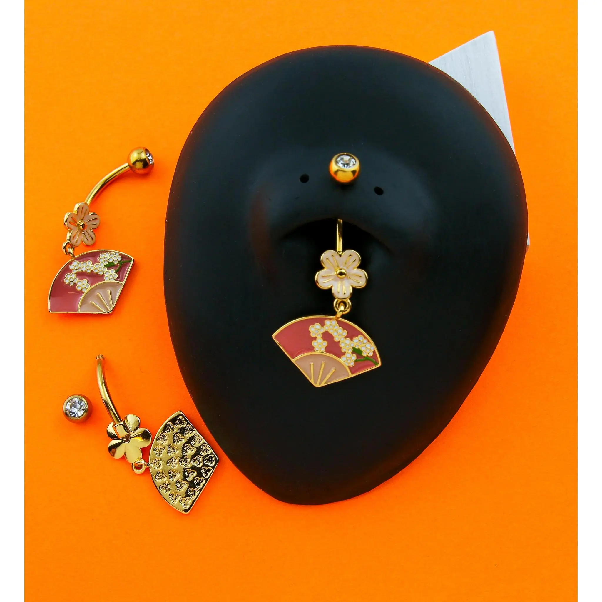 Gold PVD Floral Fan Dangle Stainless Steel Belly Button Ring