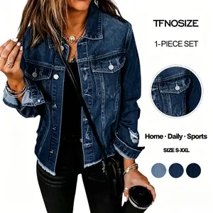 TFNOSIZE Women's Plus Size Fitted Long Sleeve Ripped Denim Jacket - Vintage Washed Boyfriend Style Polyester Lapel Top, Distressed Chic Casual Clothes for 2026 Spring Autumn Everyday Outfits