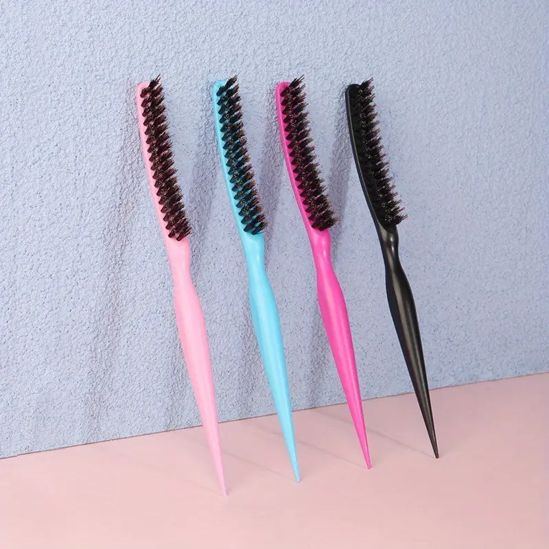 2pcs 3-in-1 Boar Bristle Hair Brush for Women - Slick Back Comb & Rat Tail Pick for Edge Control, Backcombing, Smoothing & Styling Fine Hair - ABS Plastic Handle, Normal Hair Types, Pink & Blue Combs Included, Hair Care Comb