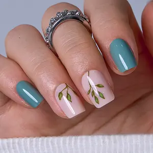 Nature Green Leaf Press On Nails | CurvLife Nail | 24pcs Short Oval Fake Nails | Soft-Toned Glossy Finish with Delicate Leaf Detailing | Easy to Apply, Comfortable Fit & Long-Lasting Hold | Ideal for Daily Wear, Business Meetings & Graceful Social Events