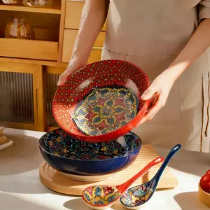 Bohemian Ceramic Large Capacity Bowl Set, Ceramic Salad Bowls, Kitchen Utensils for Stirring Soup, Salad, Microwave & Dishwasher Safe, Home, Restaurant, Outdoor Use
