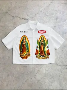 Men's Casual Short Sleeve Art Print Shirt, Mexican Virgin Mary Graphic Print & Flag Elements, Saints Badge, Comfortable Fabric, Spring & Fall Fashion