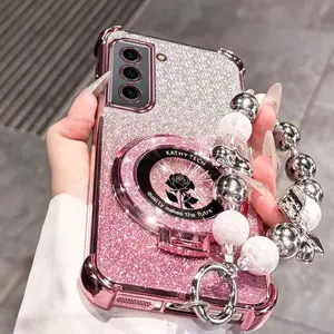 Glam Glitter Black Rose Ring Holder & Pearl Chain Phone Case Cover Protector for Samsung Galaxy S21(FE/Ultra/+) 5G, S22(Ultra/+) 5G