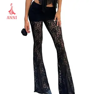 Women Summer Fashion Club Pants Black High Waist Sheer Lace Floral Flared Pants
