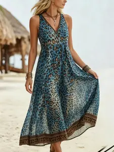 2026 New Leopard Print Halter Long Dress, Elegant Fitted Pleated Dress, Contrast Mesh Floral Print, Sexy Strapless A-Line Dress