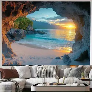 1pc Cave Seaside Sunset Tapestry - Polyester Peach Light Beige Velvet Brushed Fabric Wall Hanging, No Electricity Indoor Living Room Decor with Tranquil Nature Landscape, Horizontal Cave Ocean Sunset Art for Modern Home, Beachy Room Decor, Cozy Home Decor