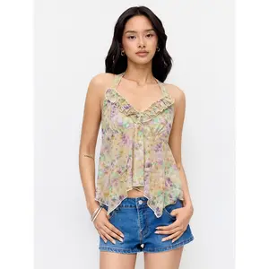 Cider Mesh Floral Ruffled Halter Neckline Top SummerWins