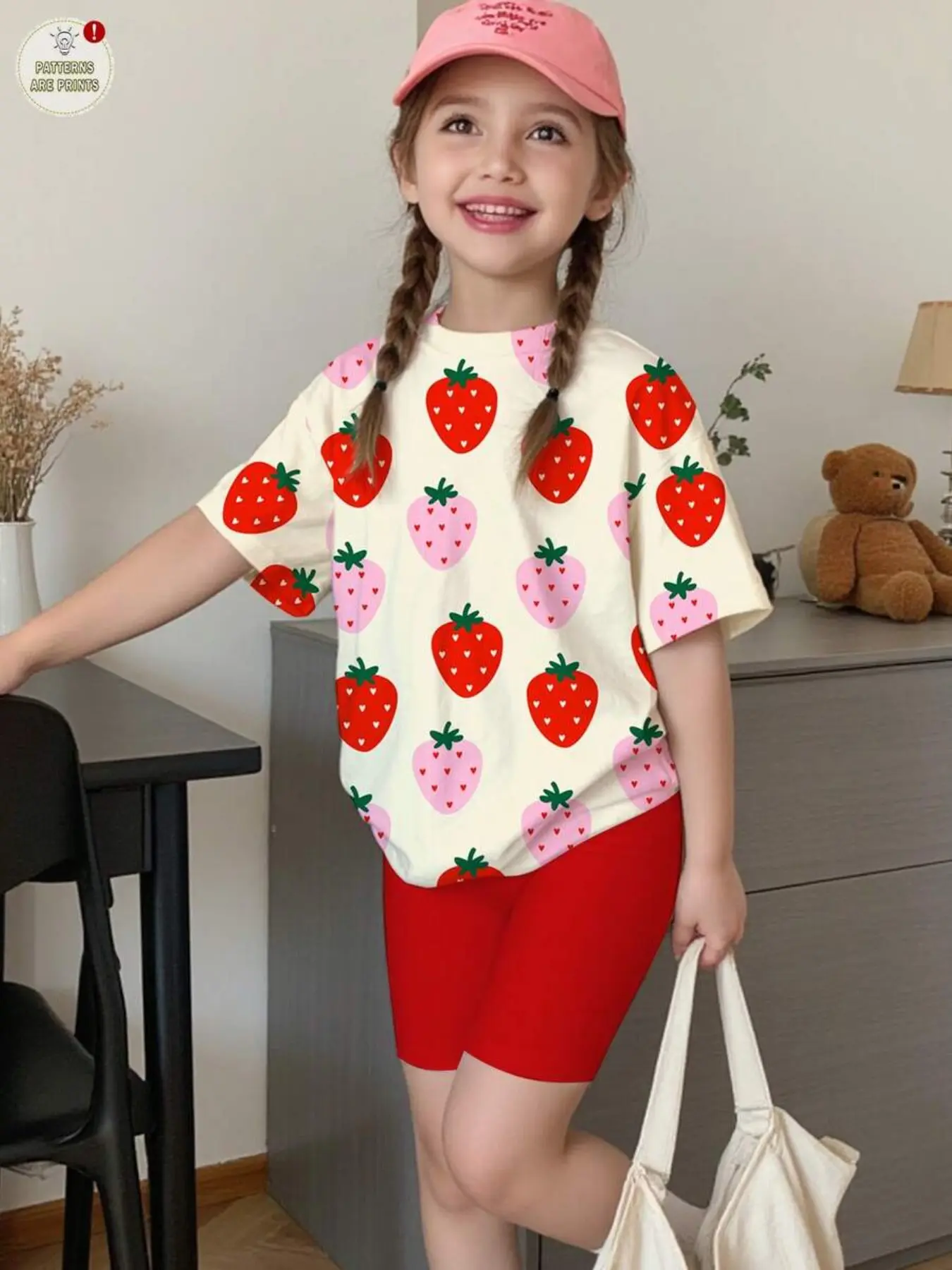 Girls' Two-Tone Strawberry Print Set, Summer Clothing Set, Summer Short Sleeve T-Shirt & Cycling Shorts, Casual for Outdoor Activities