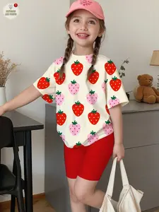 Girls' Two-Tone Strawberry Print Set, Summer Short Sleeve T-Shirt & Cycling Shorts, Casual for Outdoor Activities