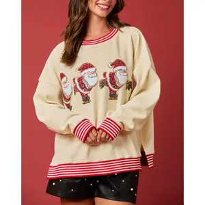 Women's Christmas Loose Sweatshirts Stripe Sequins Santa Round Neck Side Slit Long Sleeve Pullovers Fall Winter Casual Tops