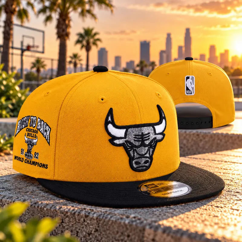 Chicago Bulls Yellow Black Snapback Hat – 1991 1992 Back to Back Champions Embroidered Basketball Cap, Adjustable Flat Bill Streetwear